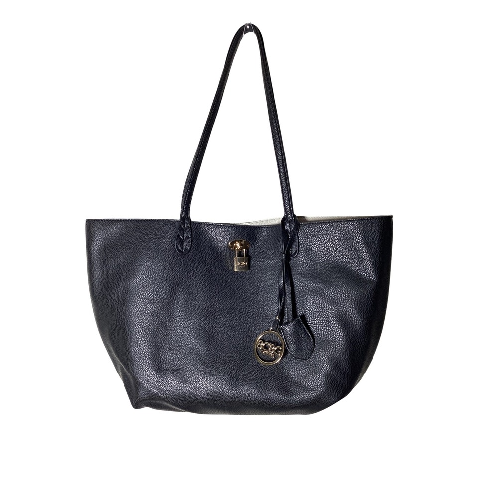 BCBG Paris Women's Black Pebbled Faux Leather Tote Shoulder Bag Gold Lock